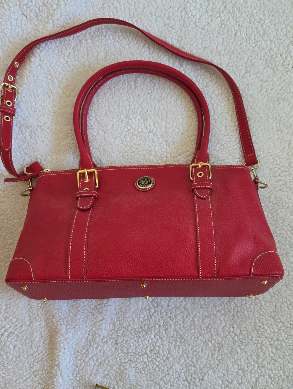 Dooney And Bourke Red Leather Satchel Handbag with Gold Hardware